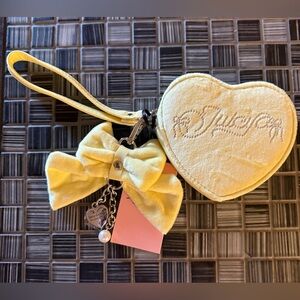 🍒 JUICY COUTURE Yellow Velvet Bow Heart Wristlet Keychain with Heart Charm.